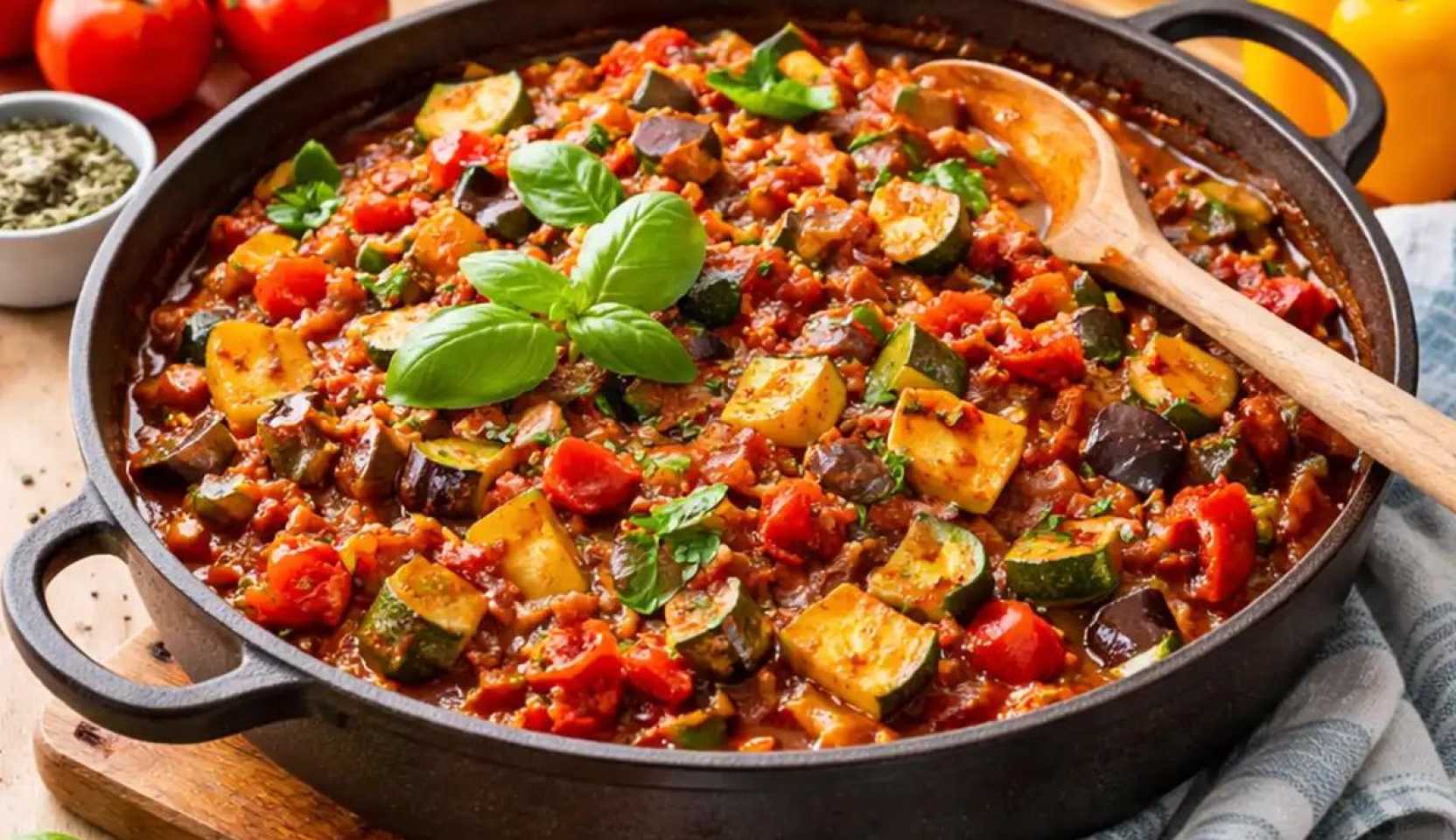 Изображение блюда: Овощное рагу с баклажанами, кабачками и сладким перцем — Eda.Video